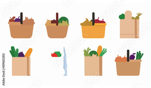 Flat vector grocery basket and shopping bag set for healthy food