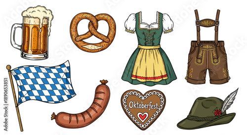 Oktoberfest set with beer, pretzel, sausage, flag, gingerbread heart, hat