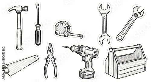 Hand drawn tools set hammer, screwdriver, measuring tape, drill, wrench, saw