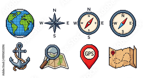 Pixel art travel and navigation icon set globe, compass, map, anchor, gps