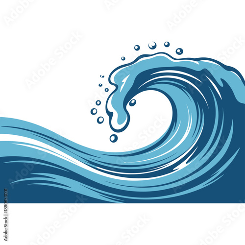 A stylized illustration of a large blue wave with bubbles on a white background