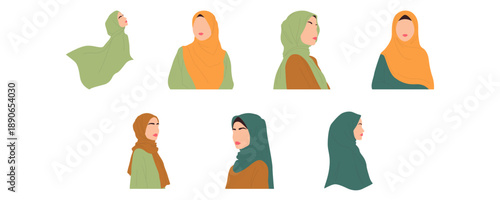 Set of woman wearing hijab illustration. World hijab day, islamic woman, muslim fashion style. Vector isolated.