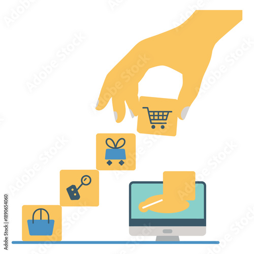 A hand placing a shopping cart icon into a computer screen with various e-commerce symbols.