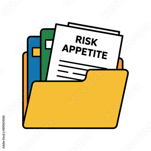 A cartoon illustration of a yellow folder containing documents with risk appetite written on one of them.