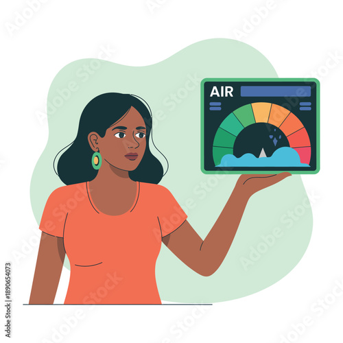 A woman holding up a tablet with an air quality gauge on the screen