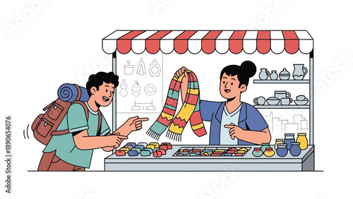 Traveler Shopping for Souvenirs at Local Market Stall, Vendor Holding Scarf. Flat Vector Illustration of Tourism & Craft Sale.
