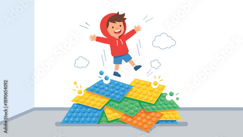 Happy child jumping on a colorful pile of pop-it sensory toys, expressing joy and playfulness