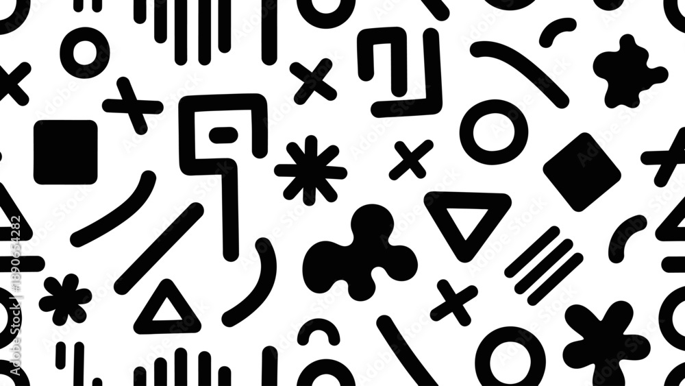 Fototapeta premium Abstract Geometric Shapes Pattern Black and White Doodle Style.