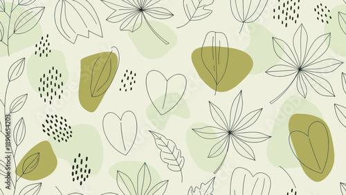 Abstract botanical illustration with organic shapes and leaves.