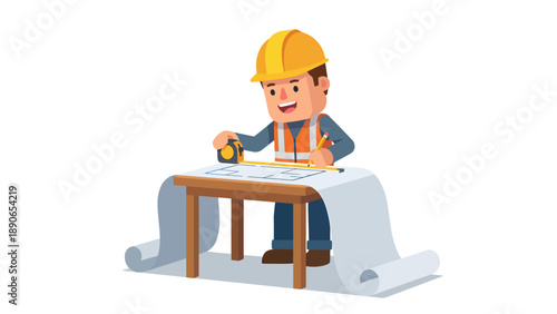 Smiling construction worker measuring blueprint. Engineer with hard hat and safety vest drawing building plans. Architecture and design concept.