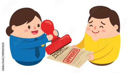 Official Approves Permit Application with Red Stamp for Happy Client - Business Success & Administrative Process