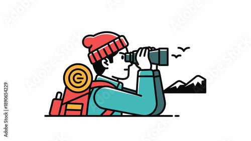 Hiker with Binoculars and Backpack Observing Nature. Flat Vector Illustration for Travel and Exploration.