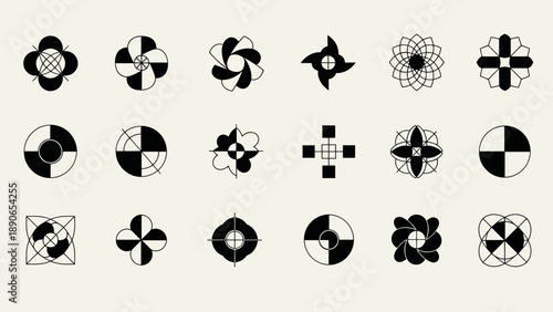 Abstract geometric shapes and patterns in black and white.