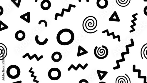 Abstract Geometric Shapes Pattern Black and White Memphis Style.