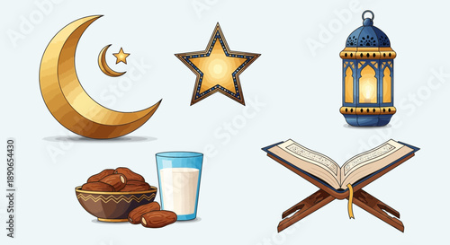 A collection of Islamic and Ramadan symbols including a golden crescent moon, stars, a lantern, dates, milk, and an open Quran.