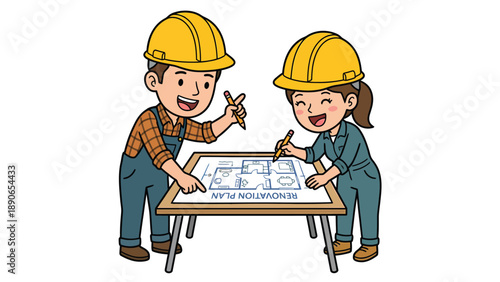 Smiling construction workers in hard hats reviewing a blueprint. Cartoon illustration of a male and female engineer collaborating on an architectur...
