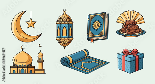A vibrant collection of Islamic religious symbols and items, featuring a mosque, Quran, prayer mat, dates, crescent moon, lantern, and gift box.