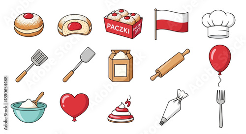 A collection of colorful cartoon icons representing Polish paczki, baking tools, and festive elements like balloons and a flag.