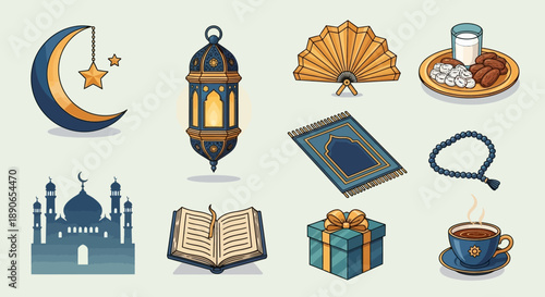 Collection of Islamic cultural and religious symbols and items, including a mosque, crescent moon, lantern, Quran, prayer mat, and traditional food.