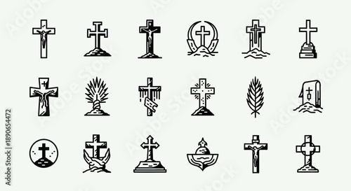Collection of hand-drawn cross and tombstone designs, featuring various religious and memorial symbols in a vintage engraved style.