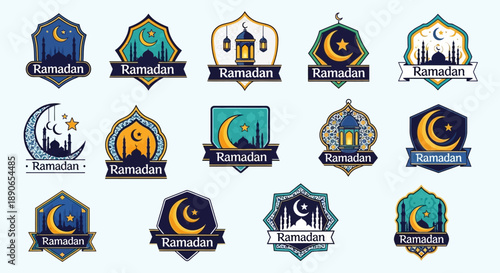 A collection of various Ramadan-themed badges and emblems featuring crescent moons, stars, mosques, and lanterns, celebrating the Islamic holy month.
