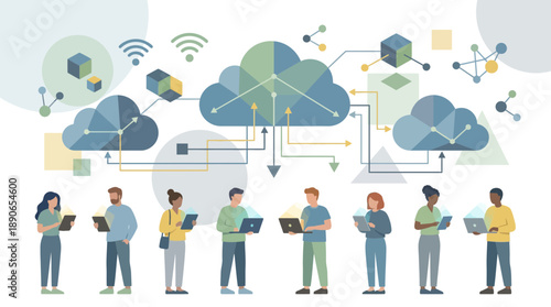 Diverse group of people connected through cloud computing and technology