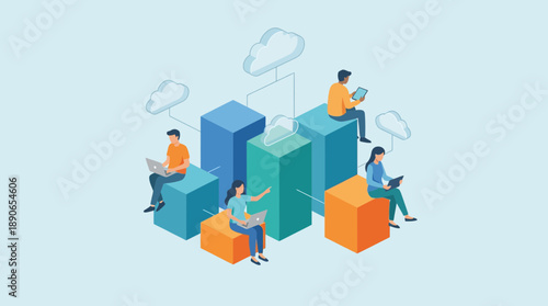 Team collaborating on cloud technology project together