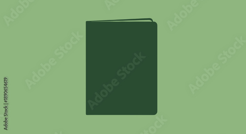 A plain dark green hardcover book stands closed against a light green background.