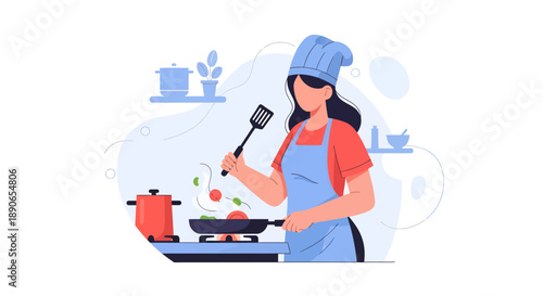Woman cooking vegetables in a kitchen with various cooking utensils and pots nearby