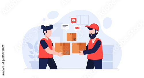 Delivery personnel exchanging cardboard boxes in a warehouse setting from a straightforward viewpoint