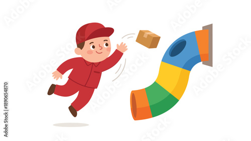 Cartoon Delivery Boy Sending Package into Colorful Chute for Fast, Efficient Service Illustration