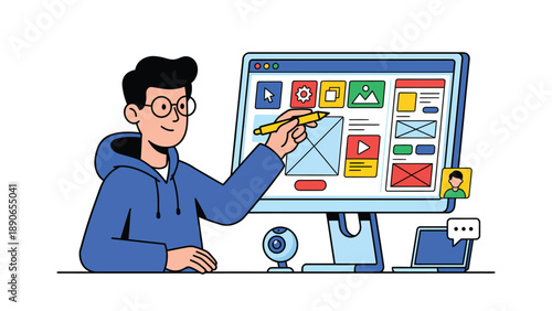 UI/UX Designer Creating Web Interface on Computer. Digital Product Development & User Experience Design Concept.