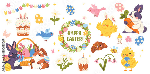 Cute Easter vector set with bunnies, chicken, eggs, flowers and festive elements. Spring holiday collection of animals, flowers and decorations.  Perfect for cards, posters, stickers, kids design
