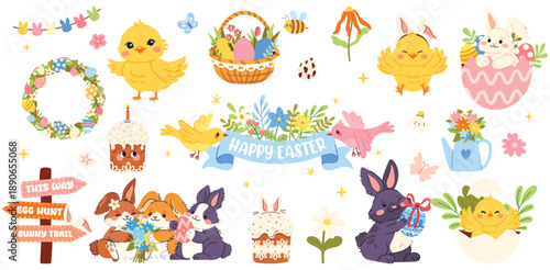 Cute Easter vector set with bunnies, chicken, eggs, flowers and festive elements. Spring holiday collection of animals, flowers and decorations.  Perfect for cards, posters, stickers, kids design