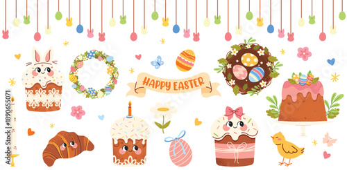 Cute Easter vector set with chicken, eggs, flowers, Easter cupcakes and wreath. Spring holiday collection of animals, flowers and decorations.  Perfect for cards, posters, stickers, kids design