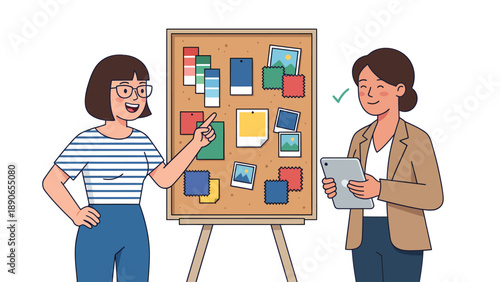 Creative women collaborating on a design mood board, brainstorming UI/UX ideas, and approving content strategy for digital projects.