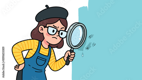Cartoon Woman with Magnifying Glass Inspecting Wall for Damage or Dirt