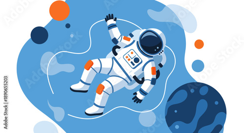 Astronaut floating in outer space surrounded by planets and celestial bodies in a graphic illustration