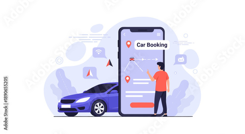 Man using mobile phone to book car online with map and location pins displayed on screen beside blue vehicle