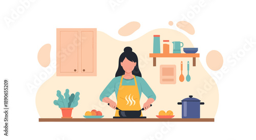 A woman cooking in a modern kitchen with various utensils and ingredients on the counter from a frontal viewpoint