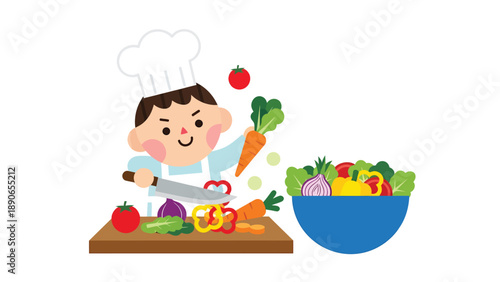 Happy cartoon child chef chopping fresh vegetables for a healthy salad on a cutting board, cooking and nutrition concept