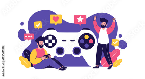 People Engaging with Gaming Controller Illustration in Modern Lifestyle Scene from a Front Viewpoint