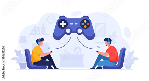 Two gamers engaging in online multiplayer game session on couches with large game controller displayed between them