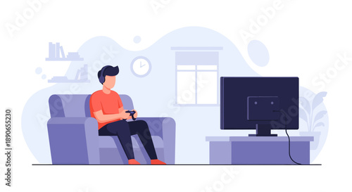 Man relaxing on sofa watching television in a cozy living room environment from a front viewpoint