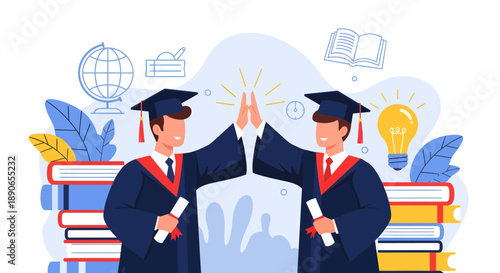 Two graduates in caps and gowns celebrating their achievement with diplomas in hand standing in front of a large stack of books