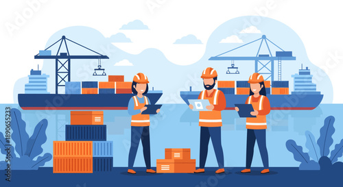 Logistics workers handling cargo on docks with ships and cranes in the background, viewed from a slightly elevated perspective.