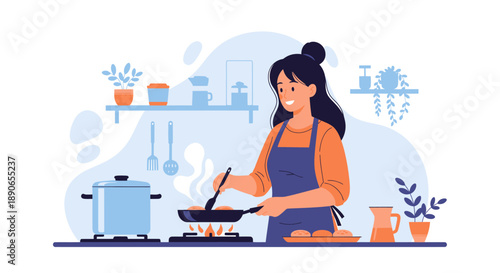 Woman cooking in a kitchen with utensils and plants around her, viewed from the side with various cooking elements