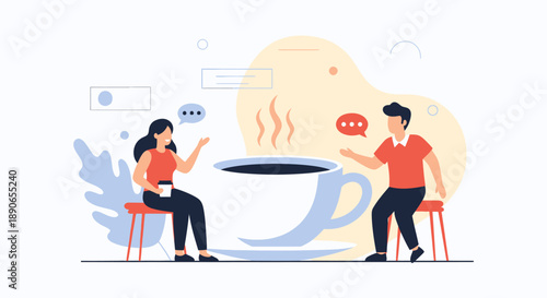 Two people sitting on stools, engaged in conversation over a large cup of coffee, surrounded by communication icons and abstract shapes