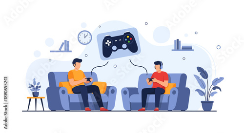 Two individuals engaged in online multiplayer gaming session on couches surrounded by modern furniture and decorative plants in a cozy living room