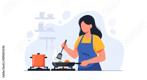 Woman Cooking in a Modern Kitchen with Utensils and Ingredients, Illustration View